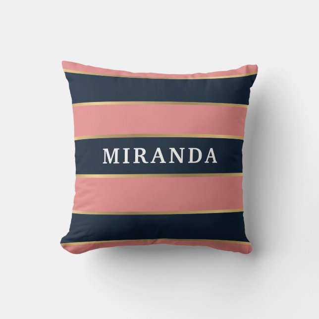 Bold Pink Blue Gold Stripe Pattern Cushion (Front)