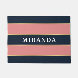 Bold Pink Blue Gold Stripe Pattern Doormat