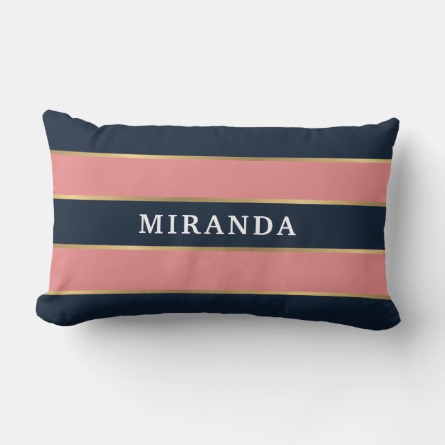 Bold Pink Blue Gold Stripe Pattern Lumbar Cushion (Front)