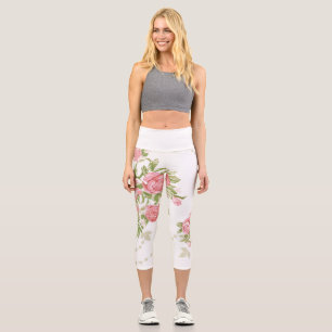 Bold Pink Cabbage Roses on White Background Capri Leggings