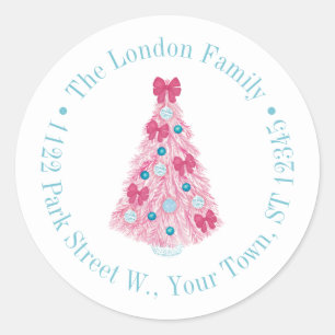 Bold Pink Christmas Tree With Teal Return Address Classic Round Sticker