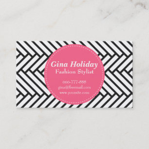 Bold pink circle on black and white herringbone business card