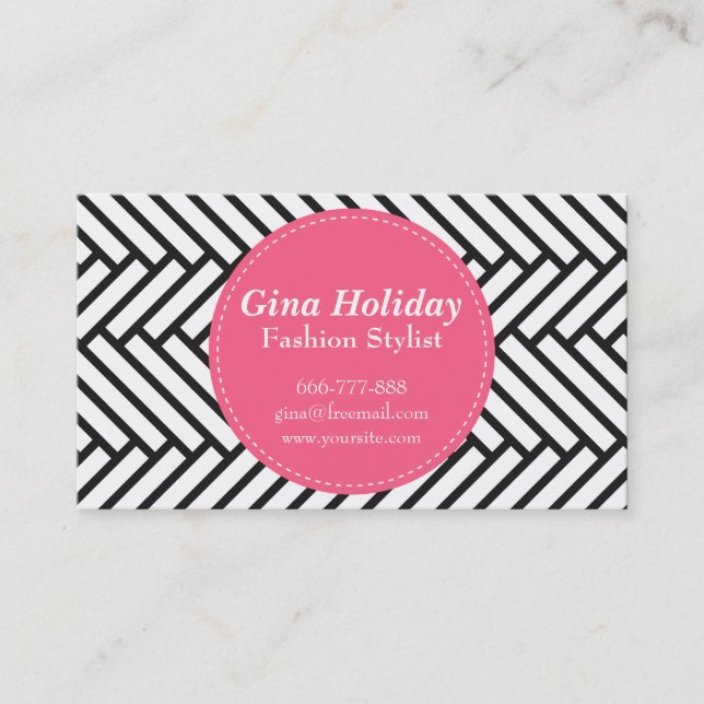 Bold pink circle on black and white herringbone business card (Front)