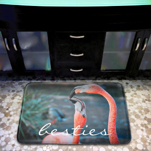 Bold Pink Flamingo Besties Friends Photo Cute Fun Bath Mat