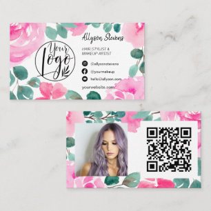 Bold pink floral hair makeup photo logo qr code business card