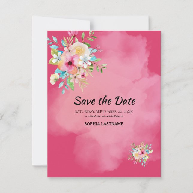 Bold Pink Floral Sweet 16 Flat Save The Date Card (Front)