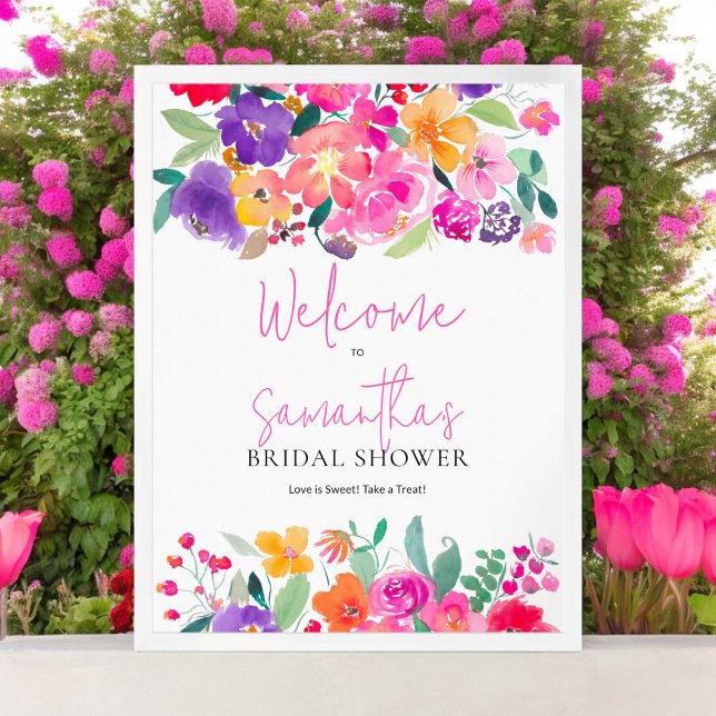 Bold pink floral watercolor bridal shower welcome poster (Bold pink floral watercolor bridal shower welcome poster)