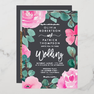 Bold pink floral watercolor photo wedding silver