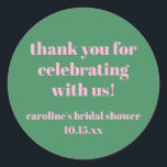 Bold Pink Green Custom Bridal Shower  Thank You Classic Round Sticker<br><div class="desc">This personalized round sticker features bold pink typography on a fresh green background for a fun, modern bridal shower look. The cheerful message is perfect for sealing envelopes, decorating favor bags, gift boxes, or thank you notes at a bridal shower celebration. Customize the name and date to match your event...</div>