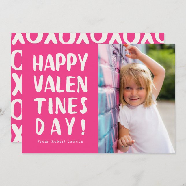 Bold Pink Happy Valentines Day Photo Card (Front/Back)
