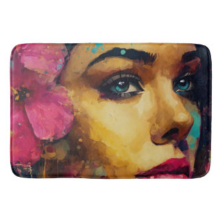 Bold Pink Hibiscus and Woman Abstract Portrait Bath Mat