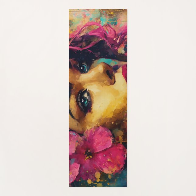 Bold Pink Hibiscus and Woman Abstract Portrait Yoga Mat (Front)