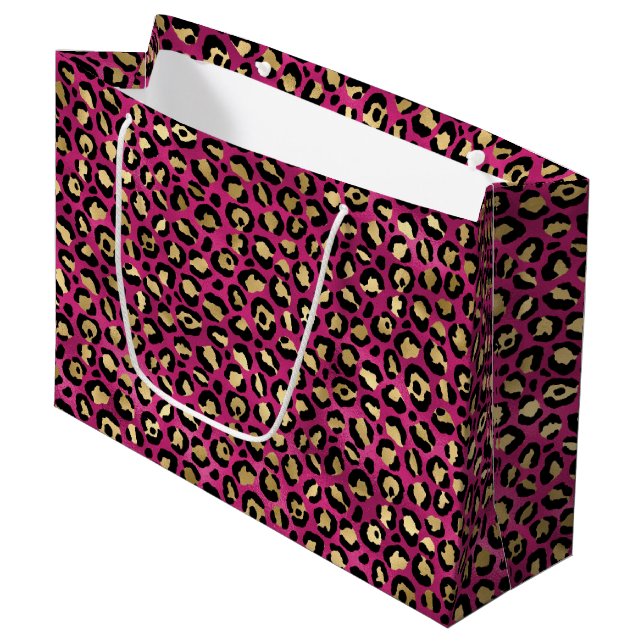 Bold Pink Leopard Print | Glam Animal Pattern Large Gift Bag (Front Angled)