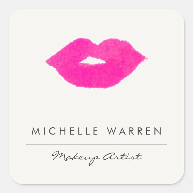Bold Pink Lips Watercolor Makeup Artist Square Sticker (Front)
