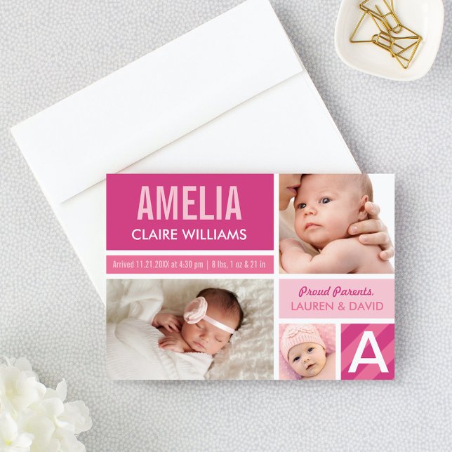 Bold Pink Modern Colour Block Baby Girl Birth Announcement (Creator Uploaded)