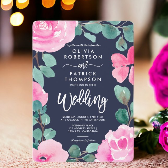 Bold pink navy floral watercolor photo wedding invitation (Bold pink navy floral watercolor photo wedding invitation)