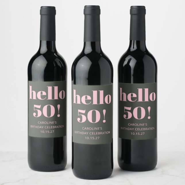 Bold Pink Olive Sage Modern 50th Birthday Party Wine Label (Bottles)