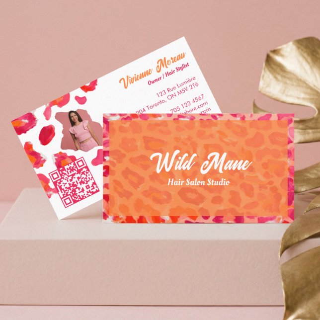 Bold Pink Orange Cheetah Leopard Print QR Code Business Card (Bold Pink Orange Cheetah Leopard Print QR Code Business Card)