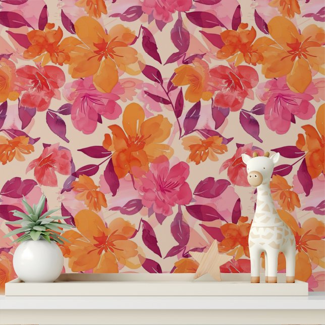 Bold Pink Orange Floral Peel and Stick Wallpaper (Creator Uploaded)