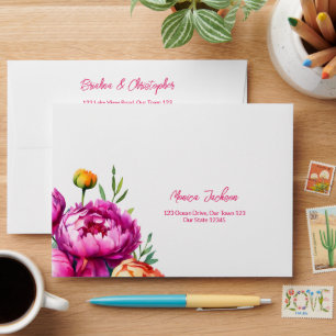 Bold pink orange peonies wedding return address envelope