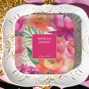 Bold pink orange peony elegant wedding tableware paper plate