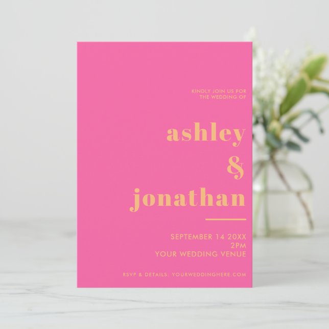 Bold Pink Orange Typography Modern Wedding Invitation (Standing Front)