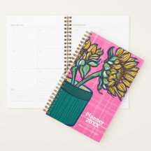 Bold Pink Plaid Cottagecore Sunflower Planner
