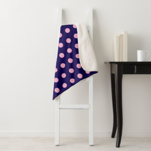 Bold Pink Polka Dots on Navy Blue Sherpa Blanket