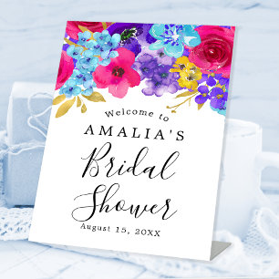 Bold Pink Purple Blue Floral Bridal Shower Welcome Pedestal Sign