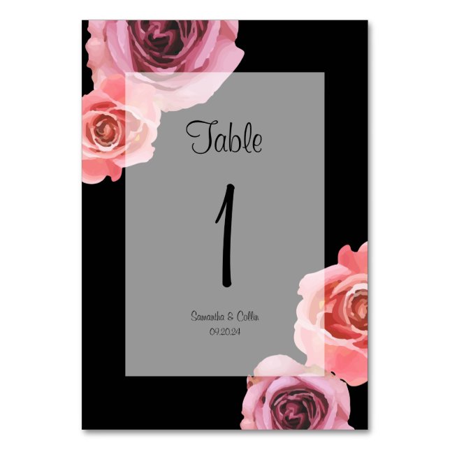 Bold Pink & Purple Spring Roses Table Number (Front)