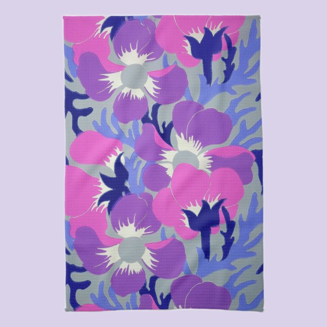 Bold Pink & Purple Windflower Pattern Retro  Tea Towel (Creator Uploaded)