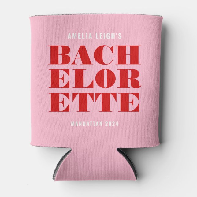 Bold Pink & Red Bachelorette Weekend Can Cooler (Front)