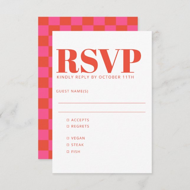 Bold Pink Red Chequerboard Pattern Wedding Meal RSVP Card (Front/Back)