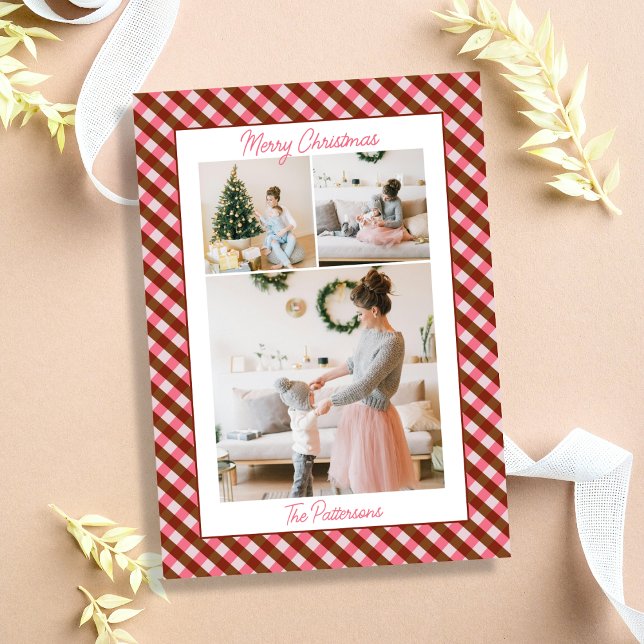 Bold Pink & Red Gingham Plaid 3 Photo Christmas Holiday Card (Creator Uploaded)