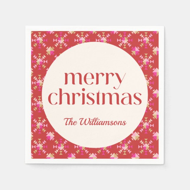 Bold Pink Red Gold Geometric Personalised Name Napkin (Front)