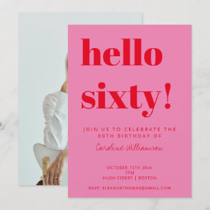 Bold Pink Red Modern 60th Birthday Photo Invitation