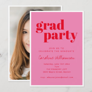 Bold Pink Red Modern Photo Graduation Party Invitation