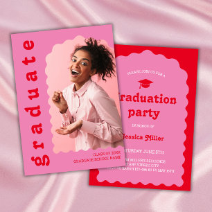 Bold Pink & Red Retro Font Wavy Photo Graduation Invitation