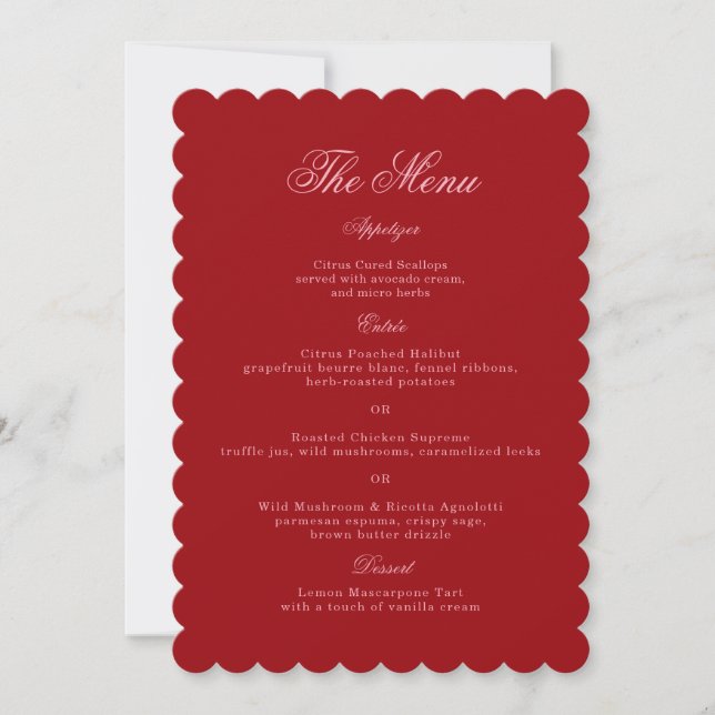 Bold Pink Red Script Wedding Menu Card (Front)