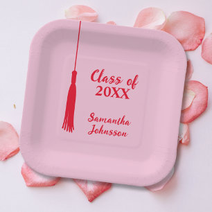 Bold Pink & Red Tassel Personalised Graduation Paper Plate