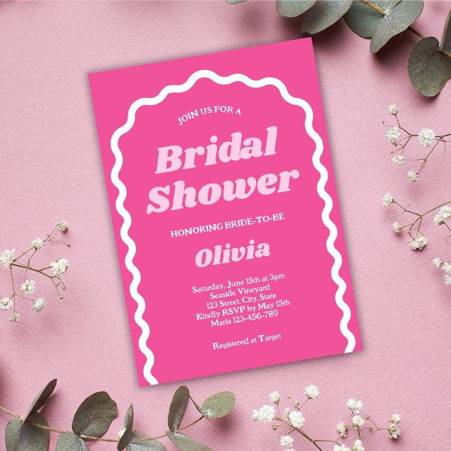 Bold Pink Retro Groovy Arch Bridal Shower Invitation (retro bold hot pink groovy bridal shower invitation)