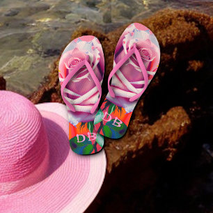 Bold Pink Rose Bohemian Artsy Floral Monogrammed  Thongs