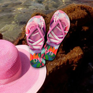 Bold Pink Rose Bohemian Artsy Floral Monogrammed Thongs