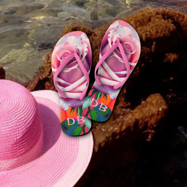 Bold Pink Rose Bohemian Artsy Floral Monogrammed  Thongs (Creator Uploaded)