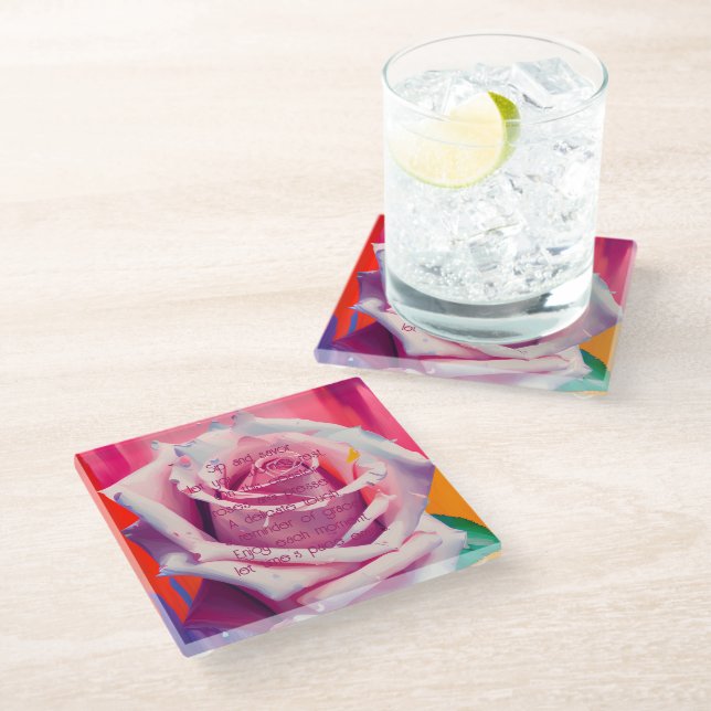 Bold Pink Rose in Bloom Poem Bohemian Artsy Glass Glass Coaster (Angled)