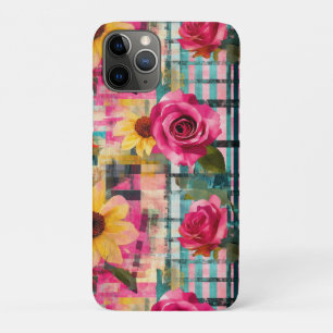 Bold Pink Rose Sunflower Plaid in Magenta & Teal iPhone 11 Pro Case