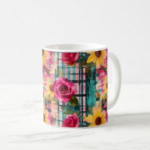 Bold Pink Rose Sunflower Plaid in Magenta & Teal Coffee Mug