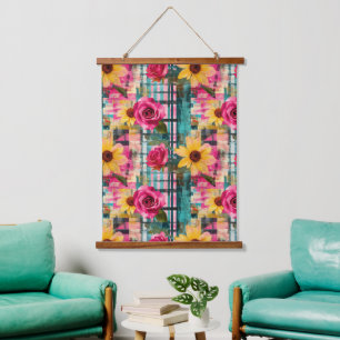 Bold Pink Rose Sunflower Plaid in Magenta & Teal Hanging Tapestry