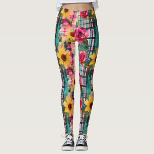 Bold Pink Rose Sunflower Plaid in Magenta & Teal Leggings