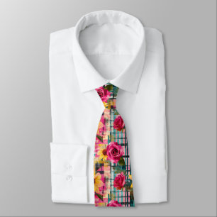Bold Pink Rose Sunflower Plaid in Magenta & Teal Tie